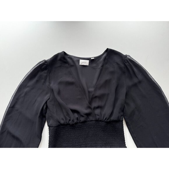 Aritzia WILFRED Wistful Black Chiffon Smocked Puff Sleeve V-Neck Blouse, Size S - Picture 7 of 15